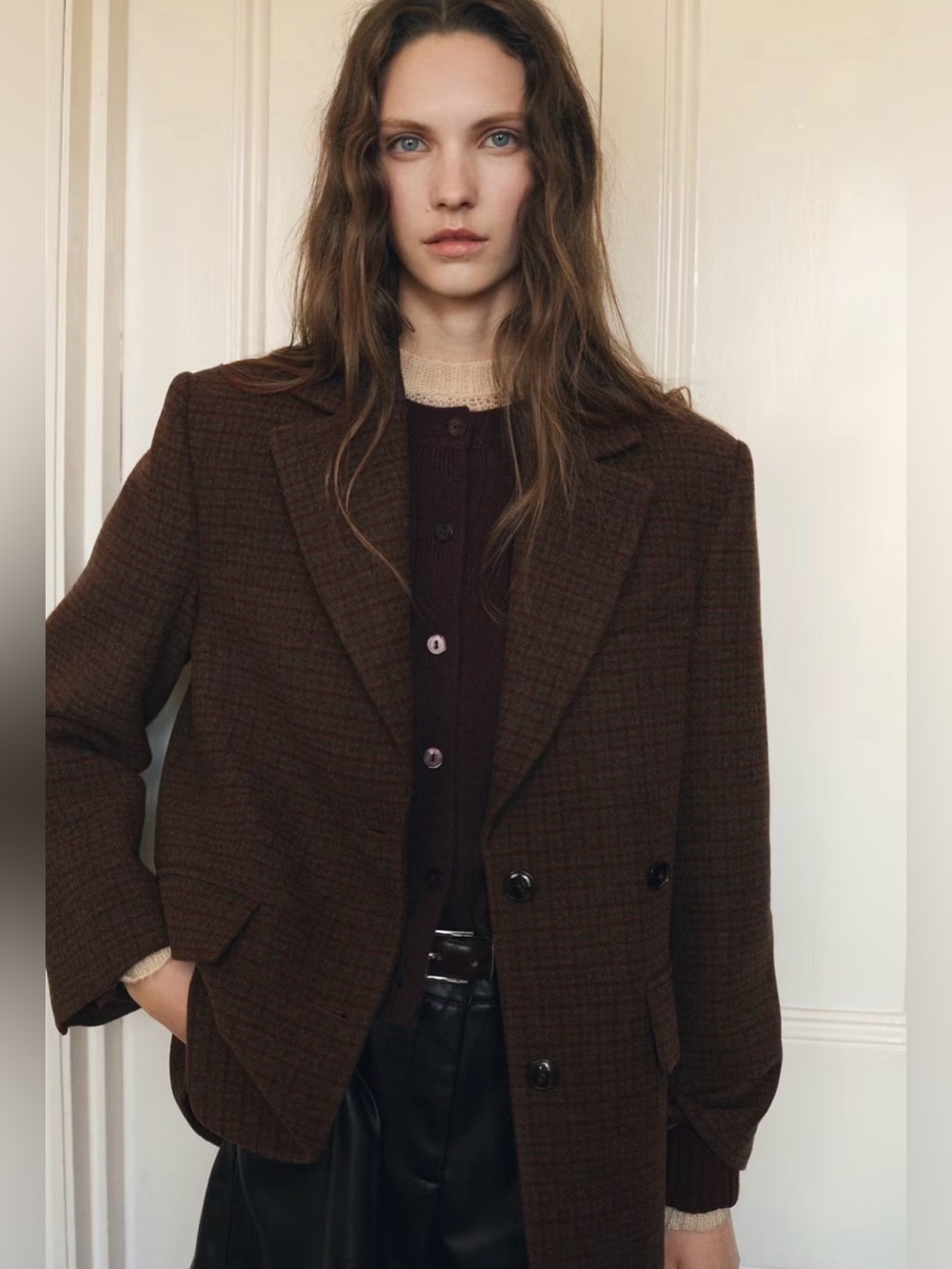 Mango Micro Houndstooth Wool Blazer - Medium Brown